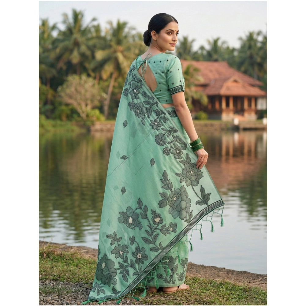 Amfyn Women's Linen Cotton Printed Saree With Unstitched Blouse 5.5Mtr (Rama Green)