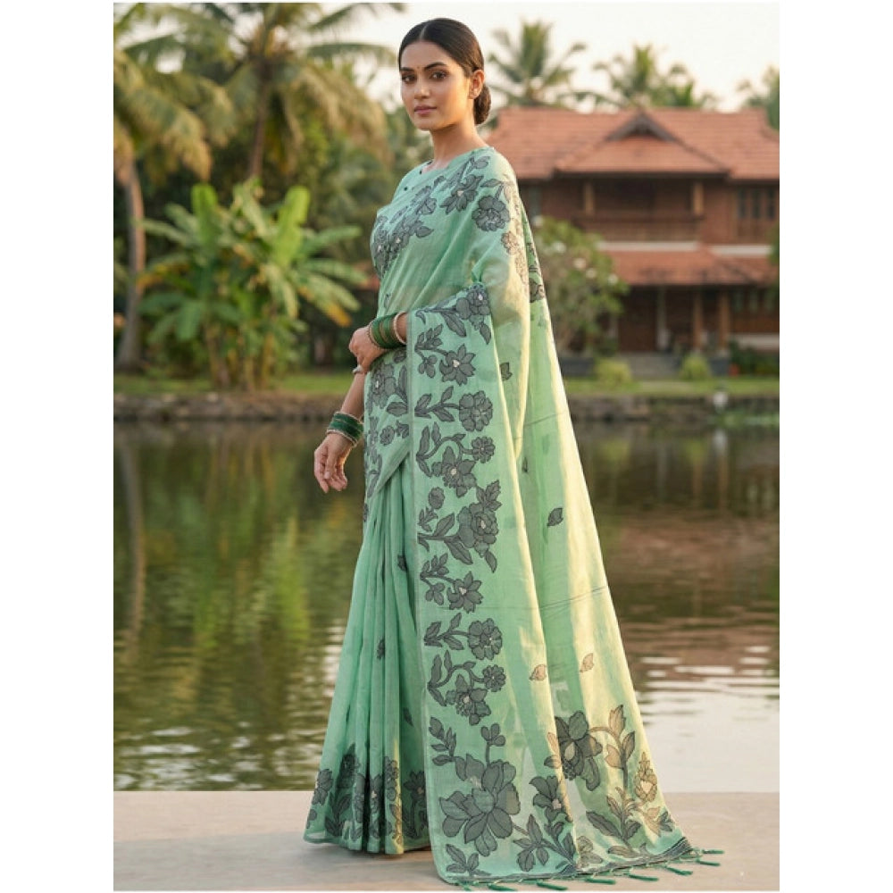Amfyn Women's Linen Cotton Printed Saree With Unstitched Blouse 5.5Mtr (Rama Green)