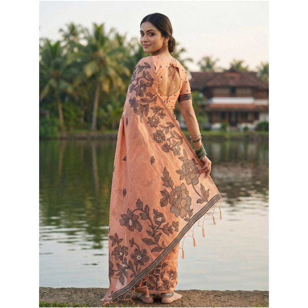 Amfyn Women's Linen Cotton Printed Saree With Unstitched Blouse 5.5Mtr (Orange)