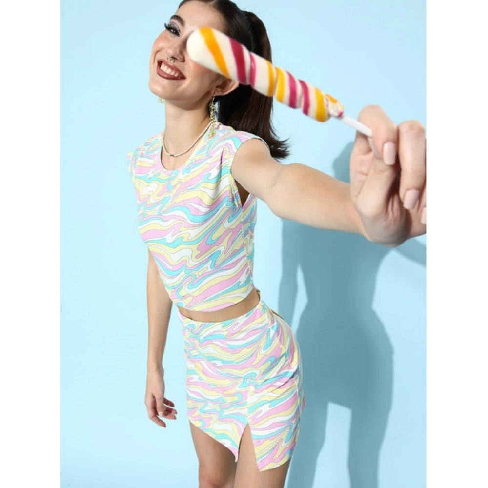 Amfyn Women's Polyester Lycra Printed Cap Sleeve Co-Ord Set (Multicolor)
