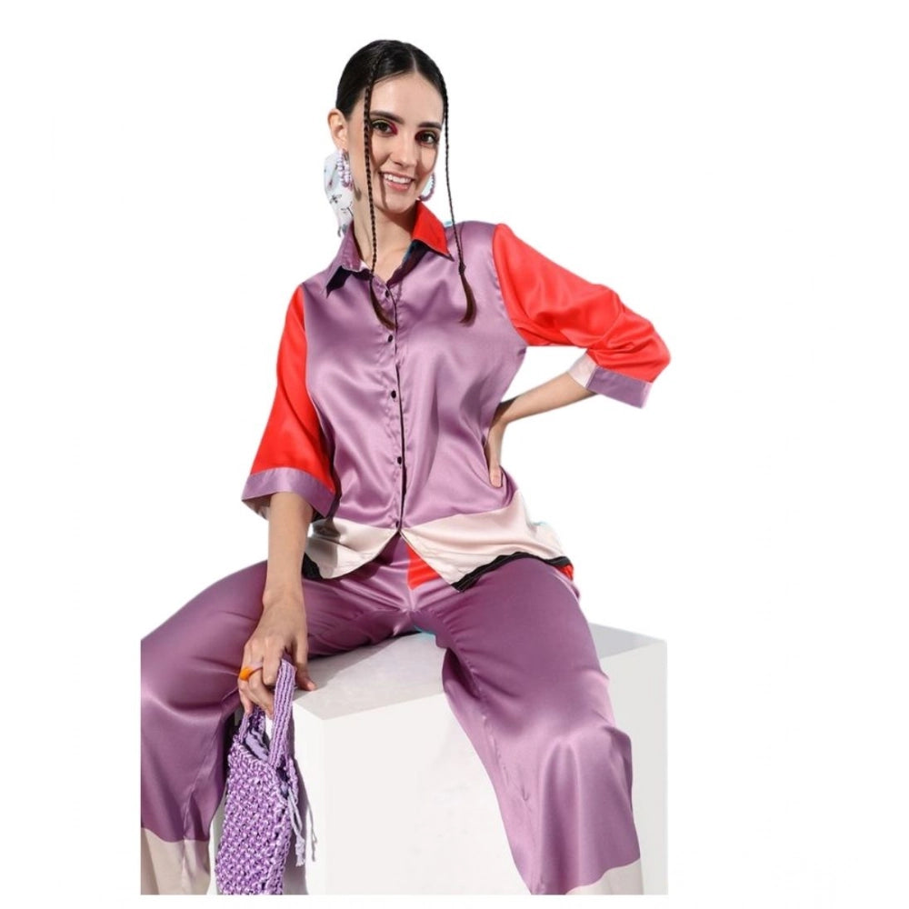 Amfyn Women's Satin Colour Block Long Sleeves Co-Ord Set (Multicolor)