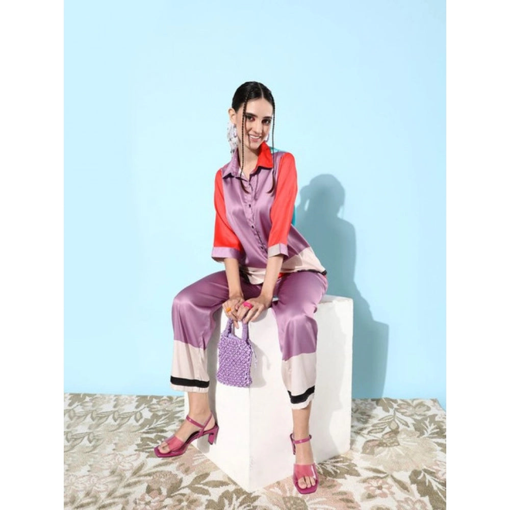 Amfyn Women's Satin Colour Block Long Sleeves Co-Ord Set (Multicolor)