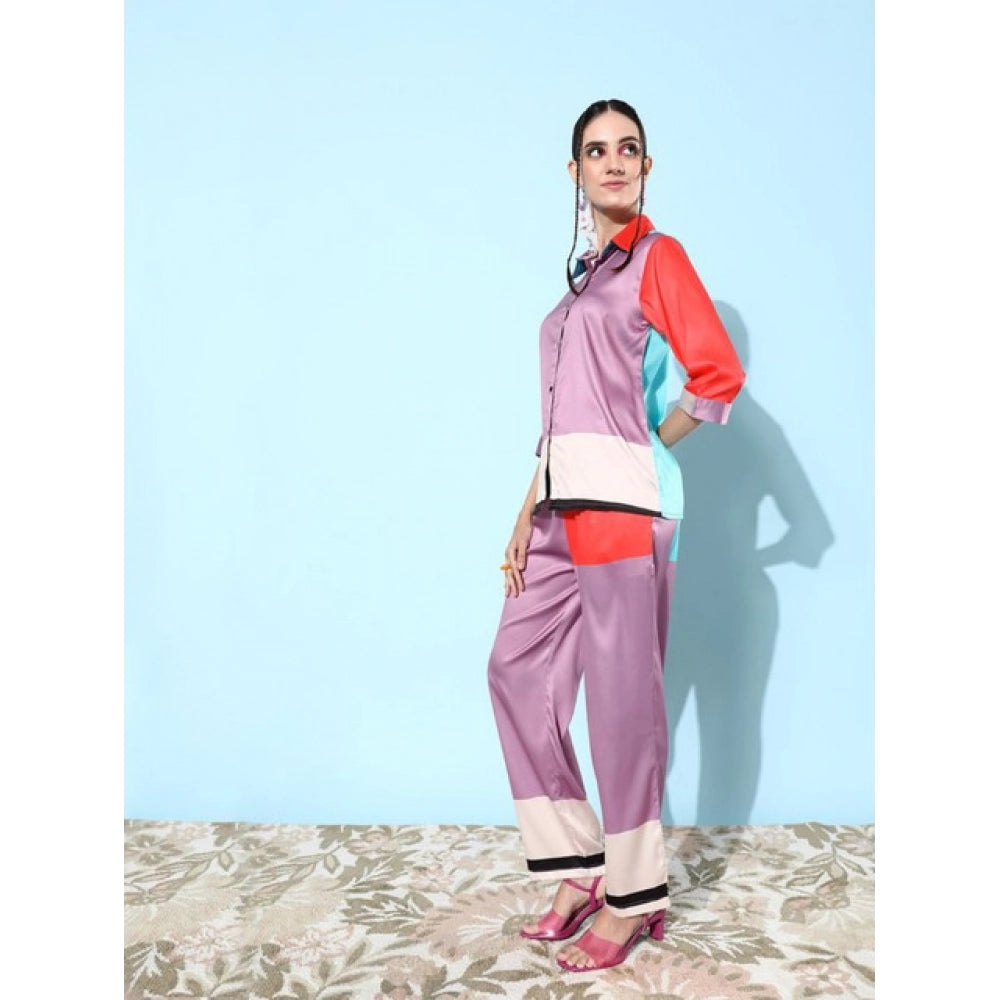 Amfyn Women's Satin Colour Block Long Sleeves Co-Ord Set (Multicolor)