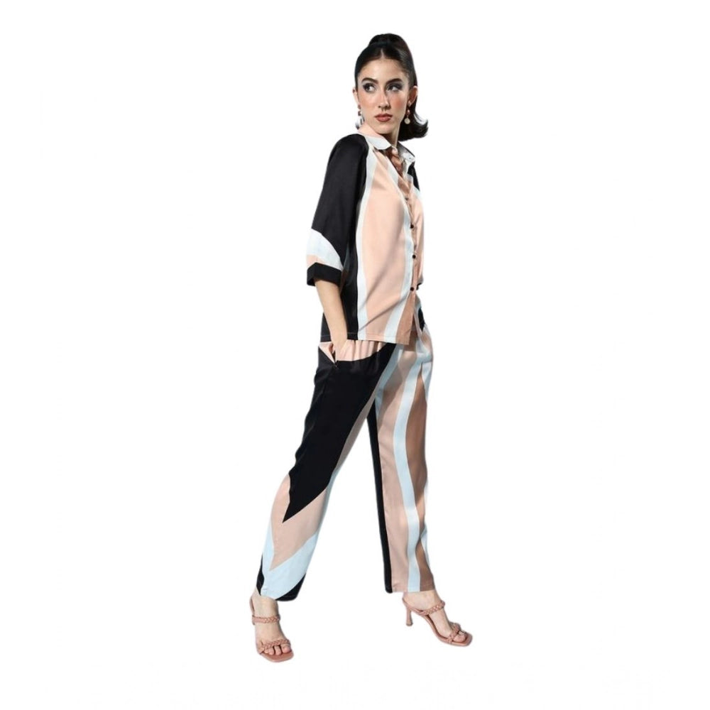 Amfyn Women's Satin Colour Block Long Sleeves Co-Ord Set (Beige - Black)
