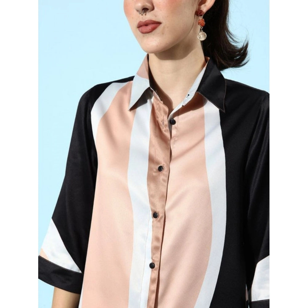 Amfyn Women's Satin Colour Block Long Sleeves Co-Ord Set (Beige - Black)