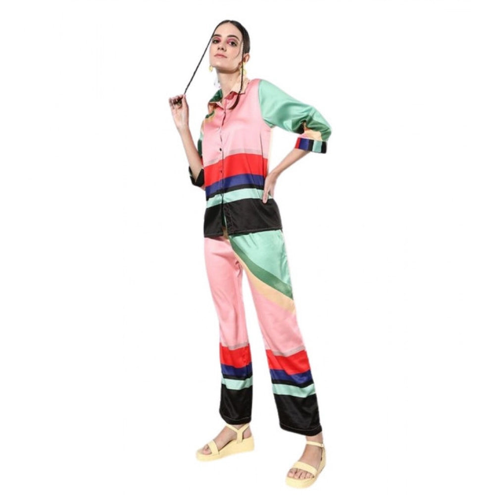 Amfyn Women's Satin Colour Block Long Sleeves Co-Ord Set (Multicolor)