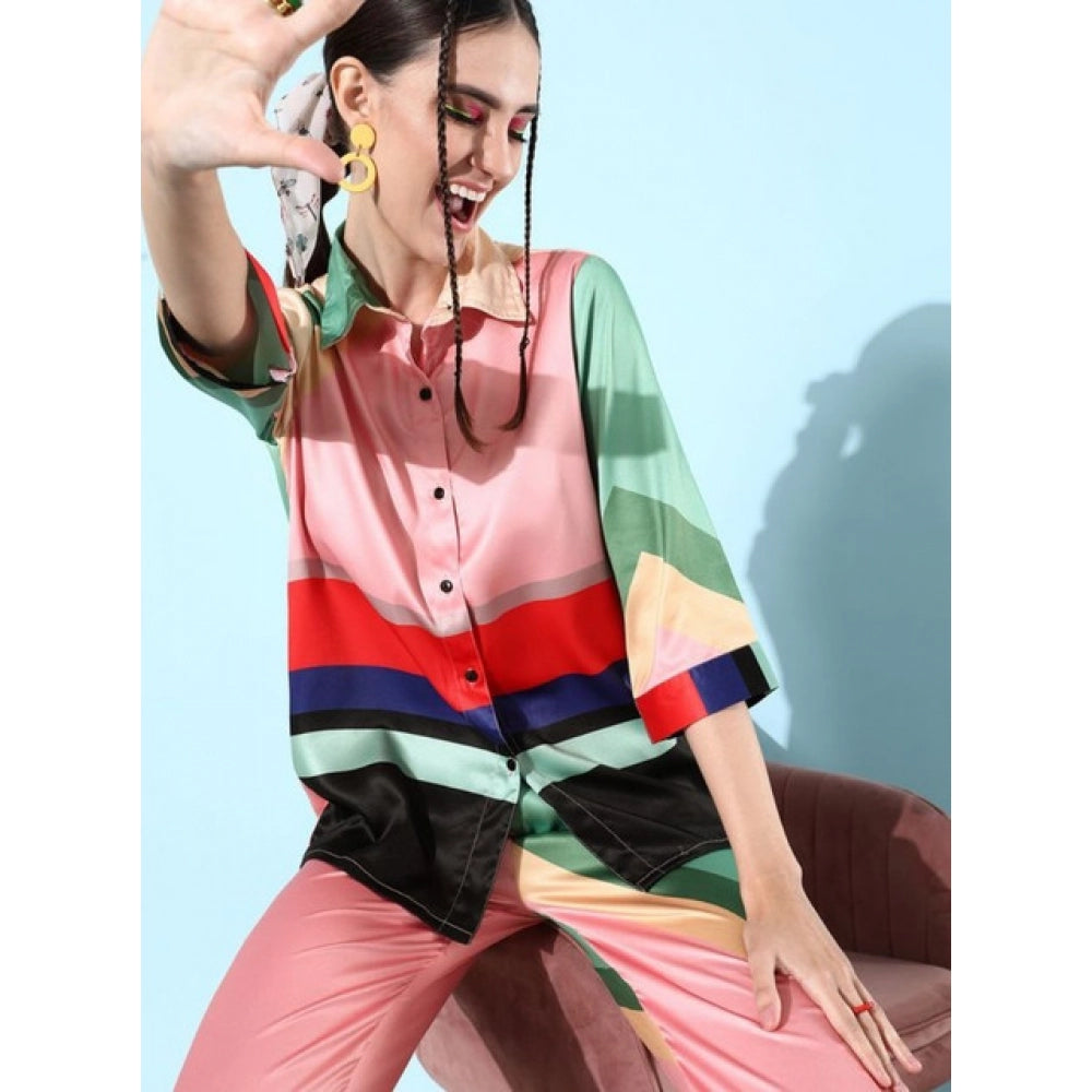 Amfyn Women's Satin Colour Block Long Sleeves Co-Ord Set (Multicolor)
