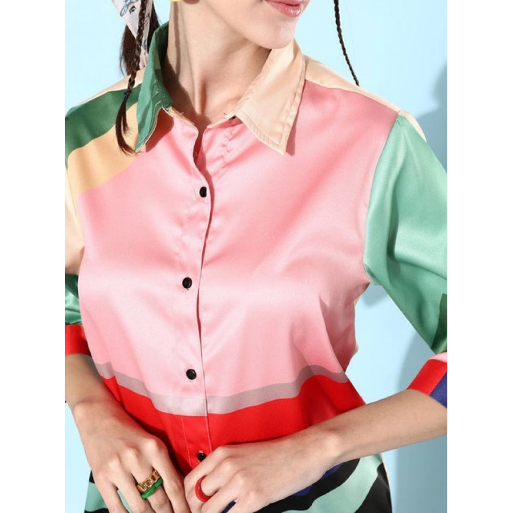 Amfyn Women's Satin Colour Block Long Sleeves Co-Ord Set (Multicolor)