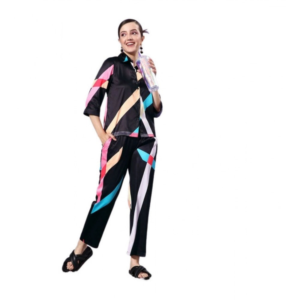 Amfyn Women's Satin Colour Block Long Sleeves Co-Ord Set (Multicolor)