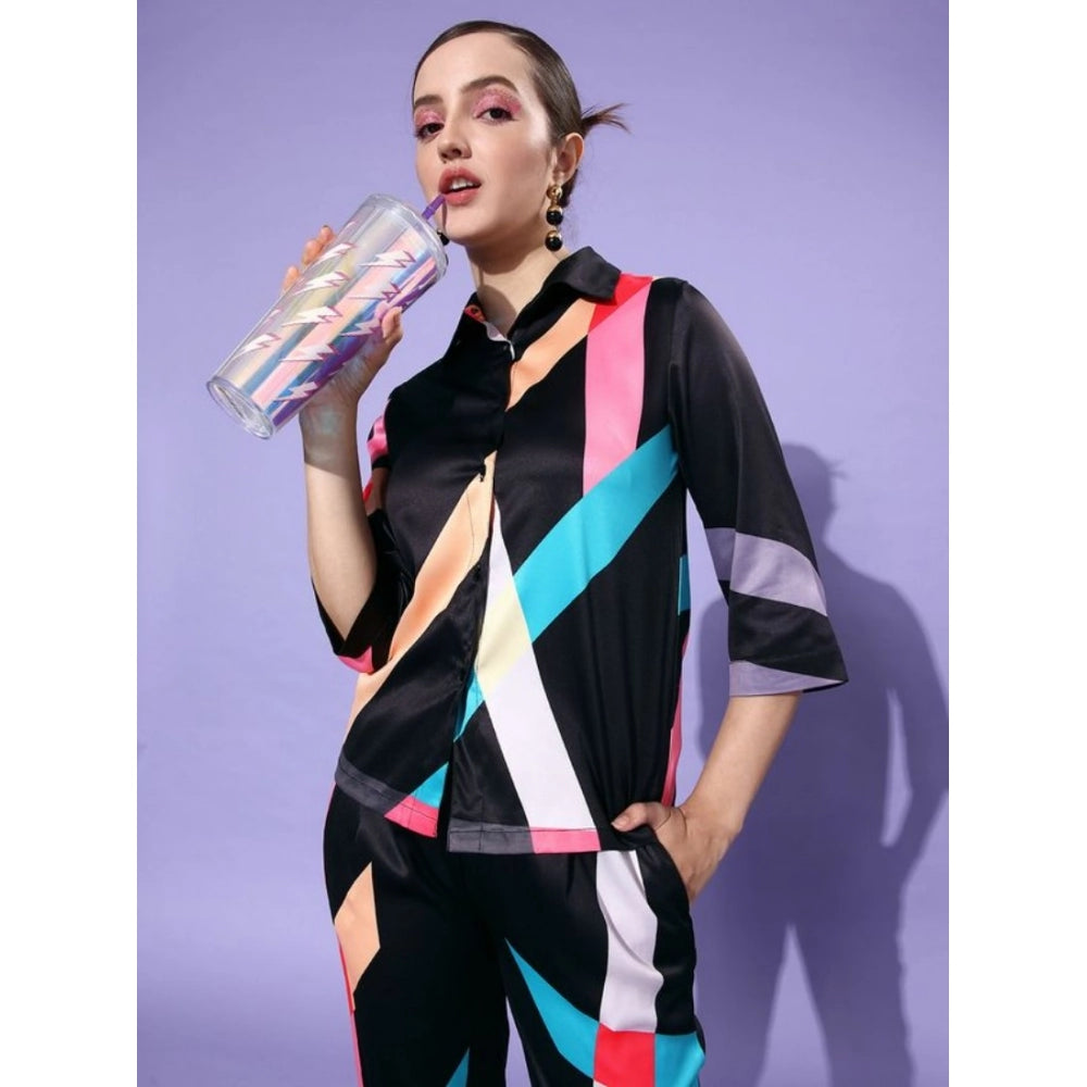 Amfyn Women's Satin Colour Block Long Sleeves Co-Ord Set (Multicolor)
