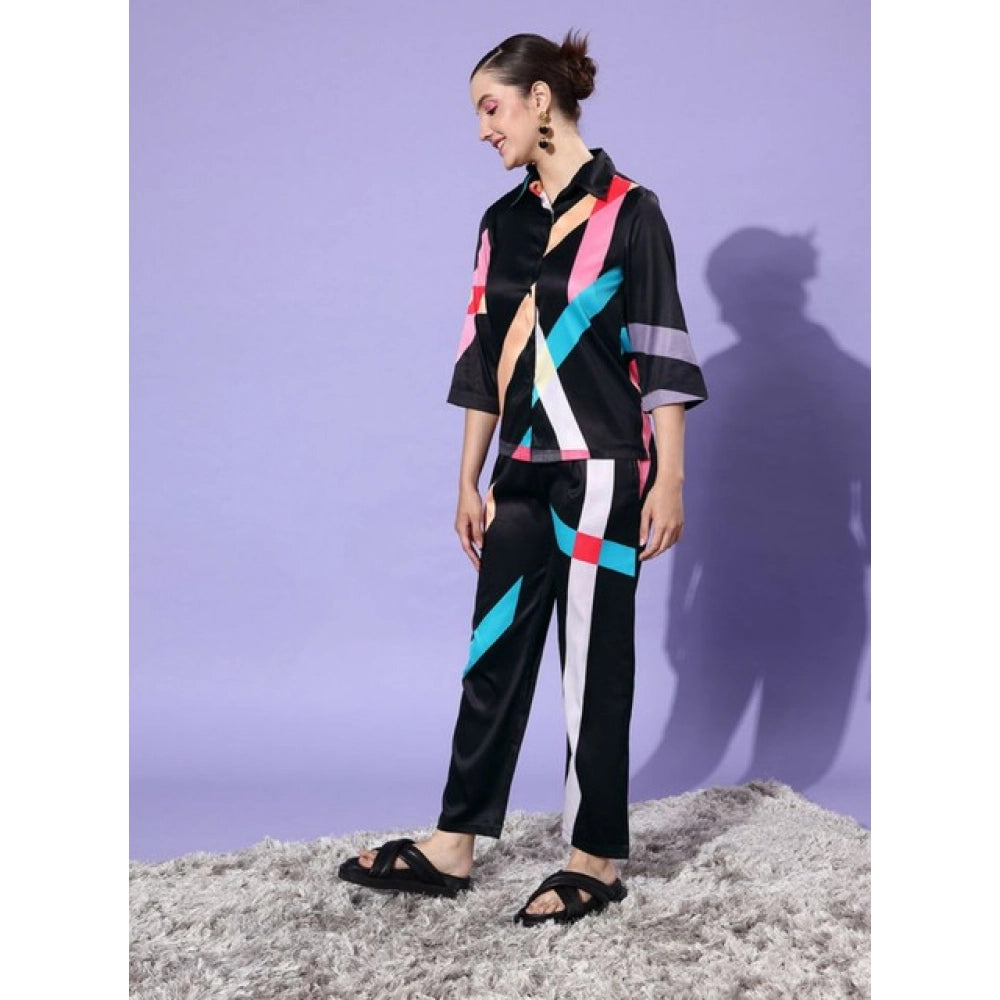 Amfyn Women's Satin Colour Block Long Sleeves Co-Ord Set (Multicolor)