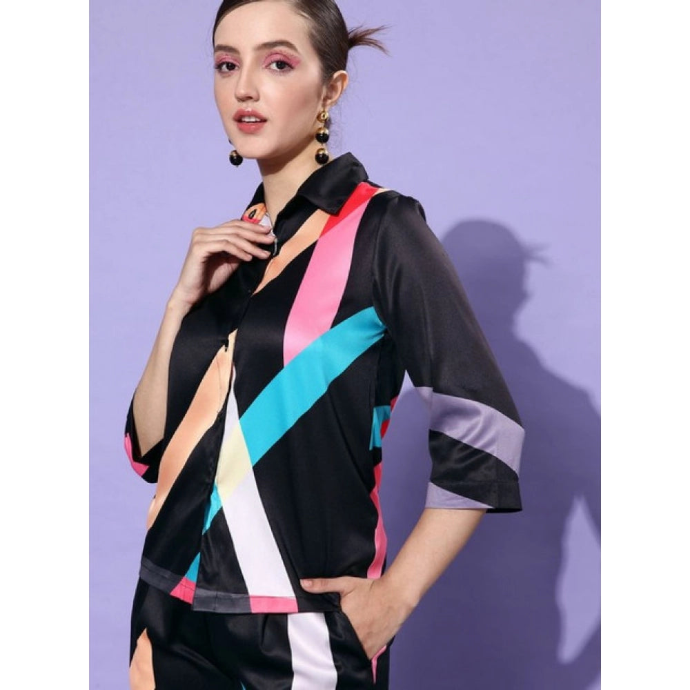 Amfyn Women's Satin Colour Block Long Sleeves Co-Ord Set (Multicolor)