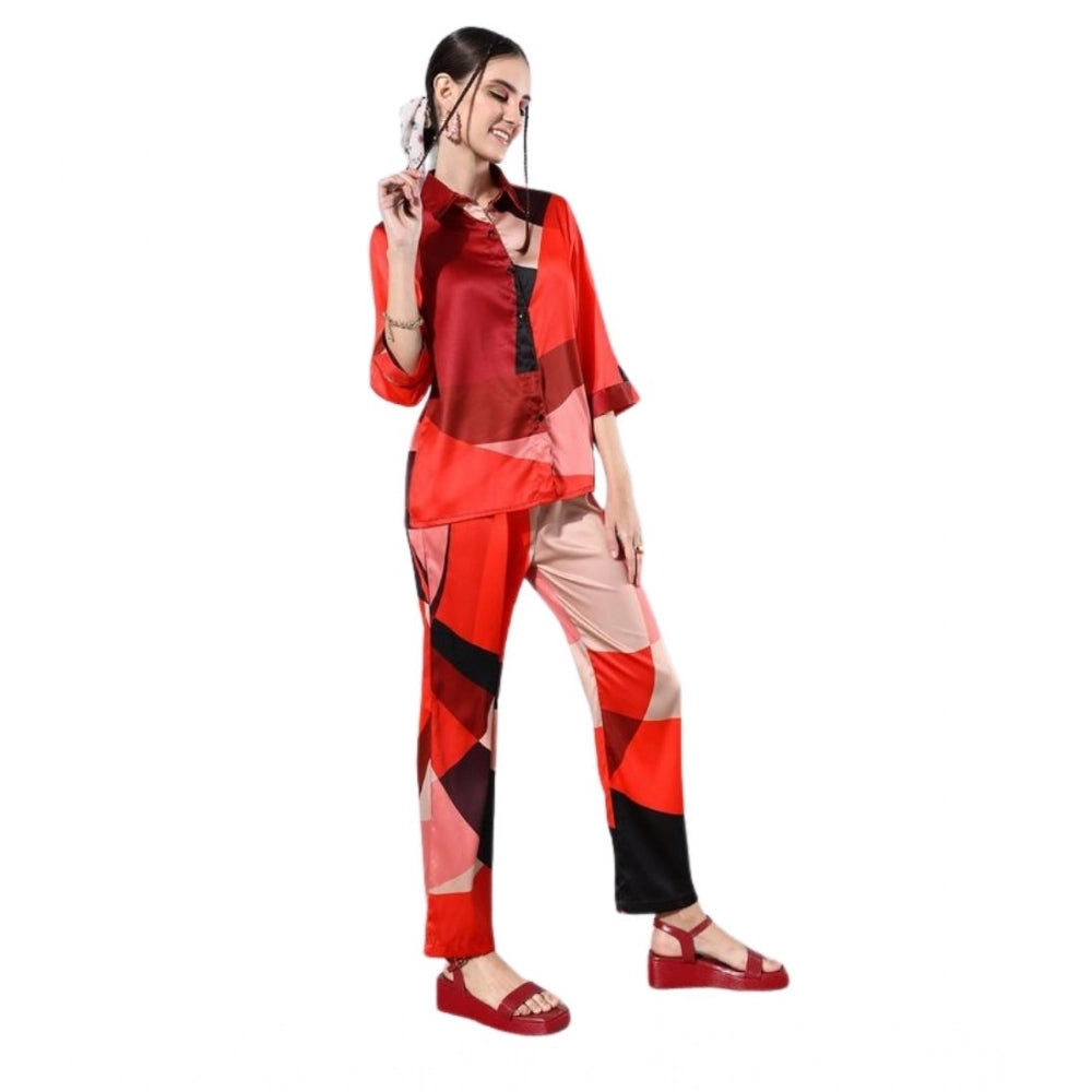 Amfyn Women's Satin Colour Block Long Sleeves Co-Ord Set (Multicolor)