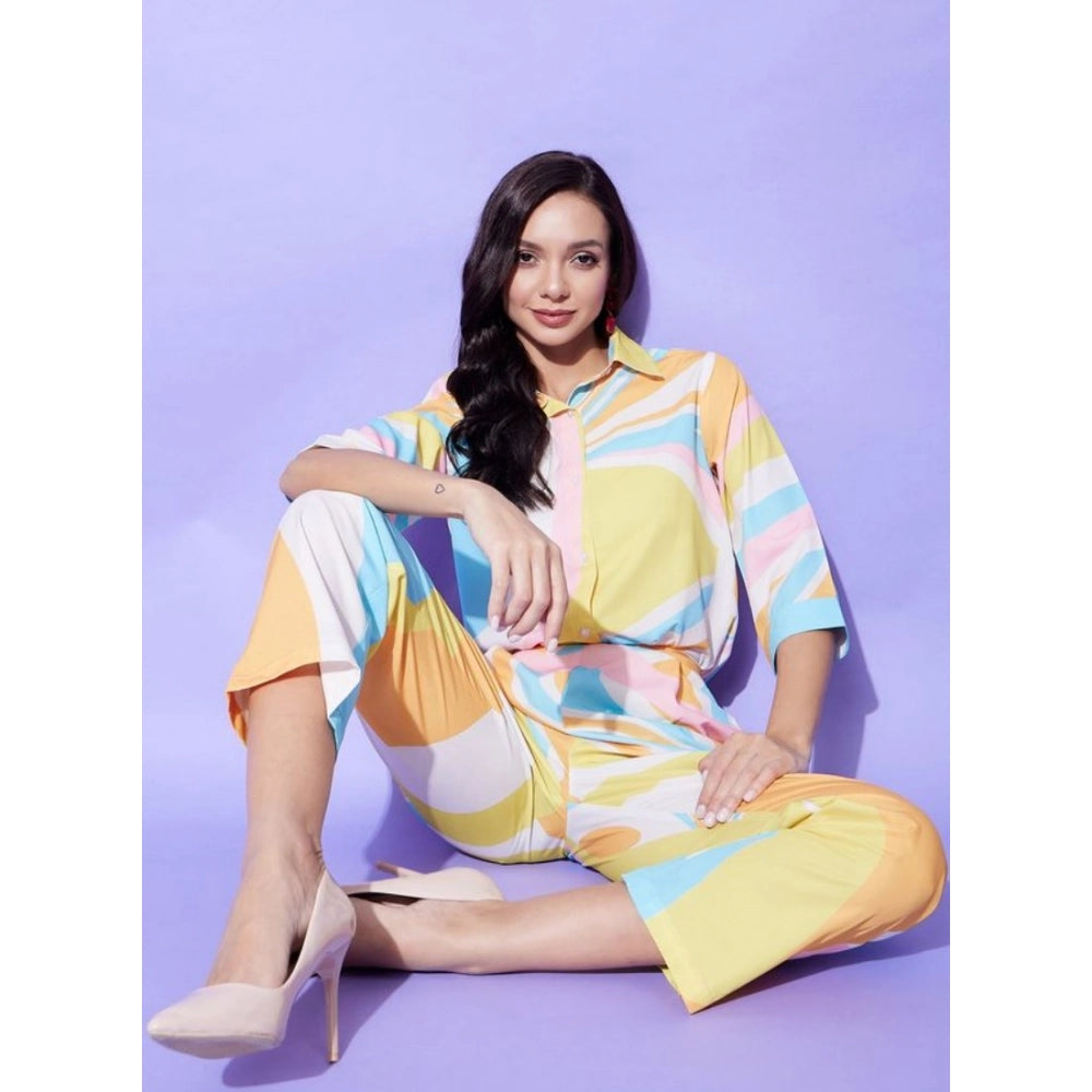 Amfyn Women's Polyester Colour Blocking 3-4th Sleeve Co-Ord Set (Multicolor)
