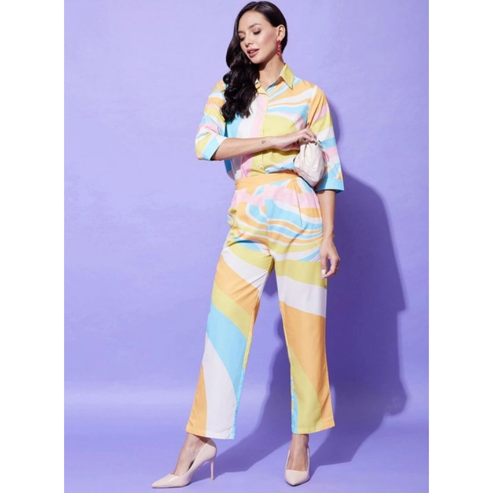 Amfyn Women's Polyester Colour Blocking 3-4th Sleeve Co-Ord Set (Multicolor)