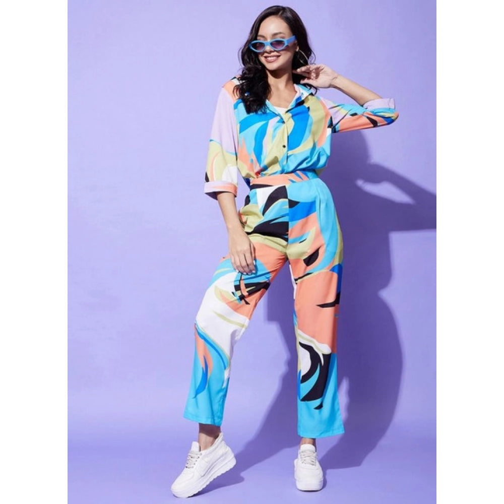 Amfyn Women's Polyester Colour Blocking 3-4th Sleeve Co-Ord Set (Multicolor)