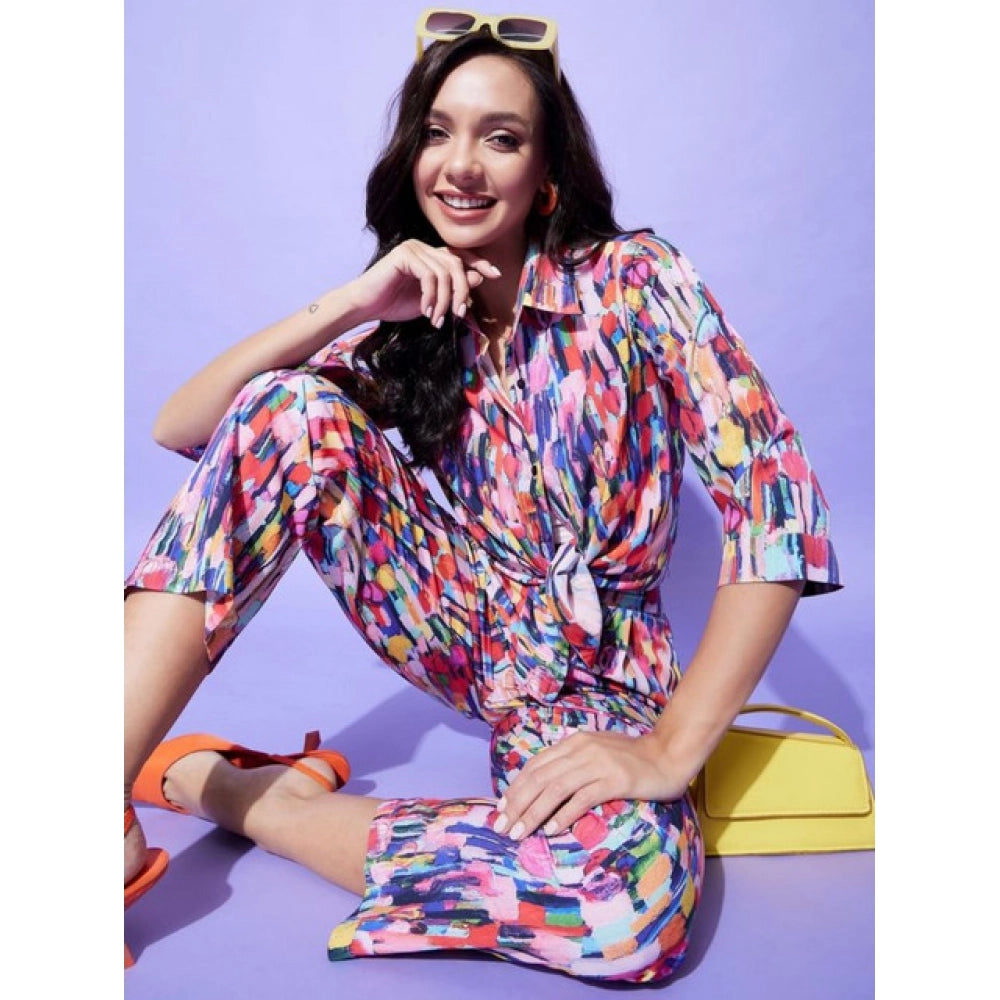 Amfyn Women's Polyester Floral 3-4th Sleeve Co-Ord Set (Multicolor)