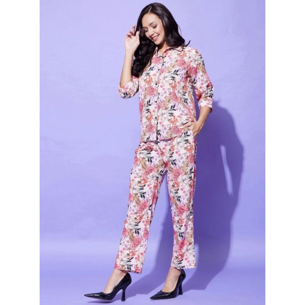 Amfyn Women's Polyester Floral 3-4th Sleeve Co-Ord Set (Multicolor)