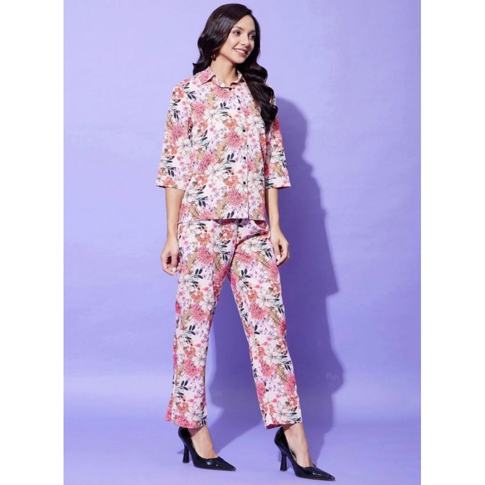 Amfyn Women's Polyester Floral 3-4th Sleeve Co-Ord Set (Multicolor)