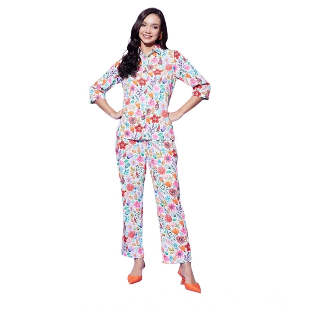 Amfyn Women's Polyester Floral 3-4th Sleeve Co-Ord Set (Multicolor)