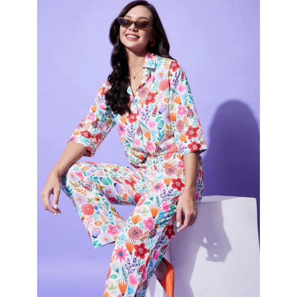 Amfyn Women's Polyester Floral 3-4th Sleeve Co-Ord Set (Multicolor)