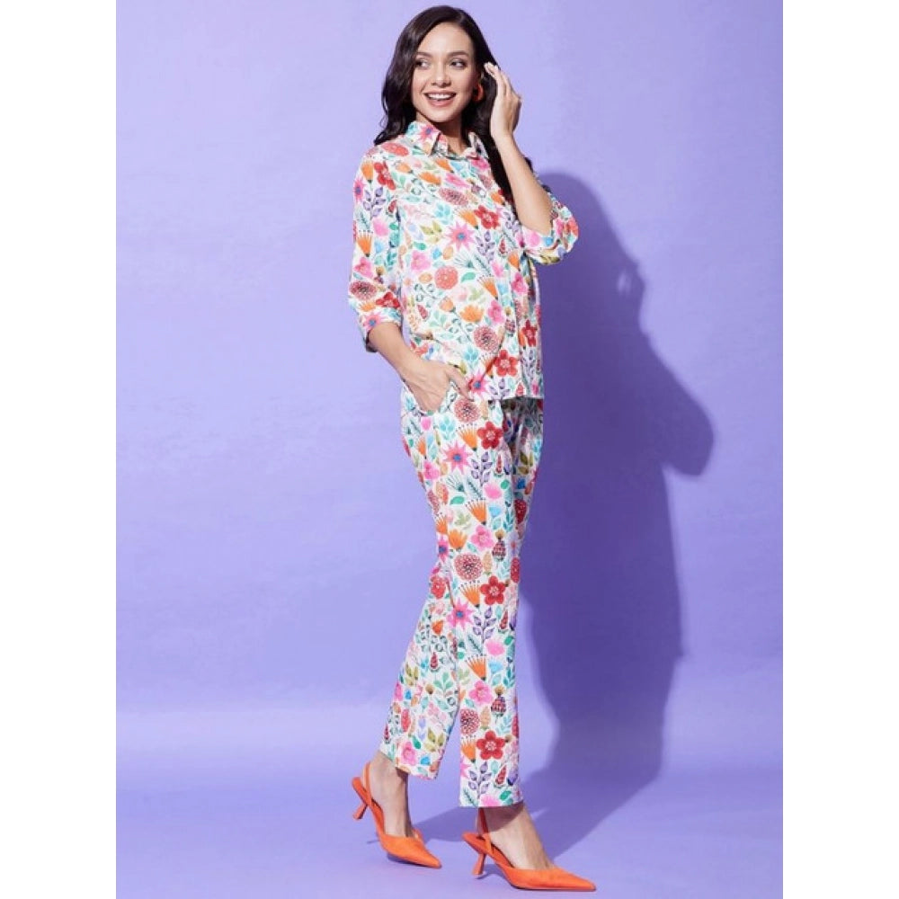 Amfyn Women's Polyester Floral 3-4th Sleeve Co-Ord Set (Multicolor)