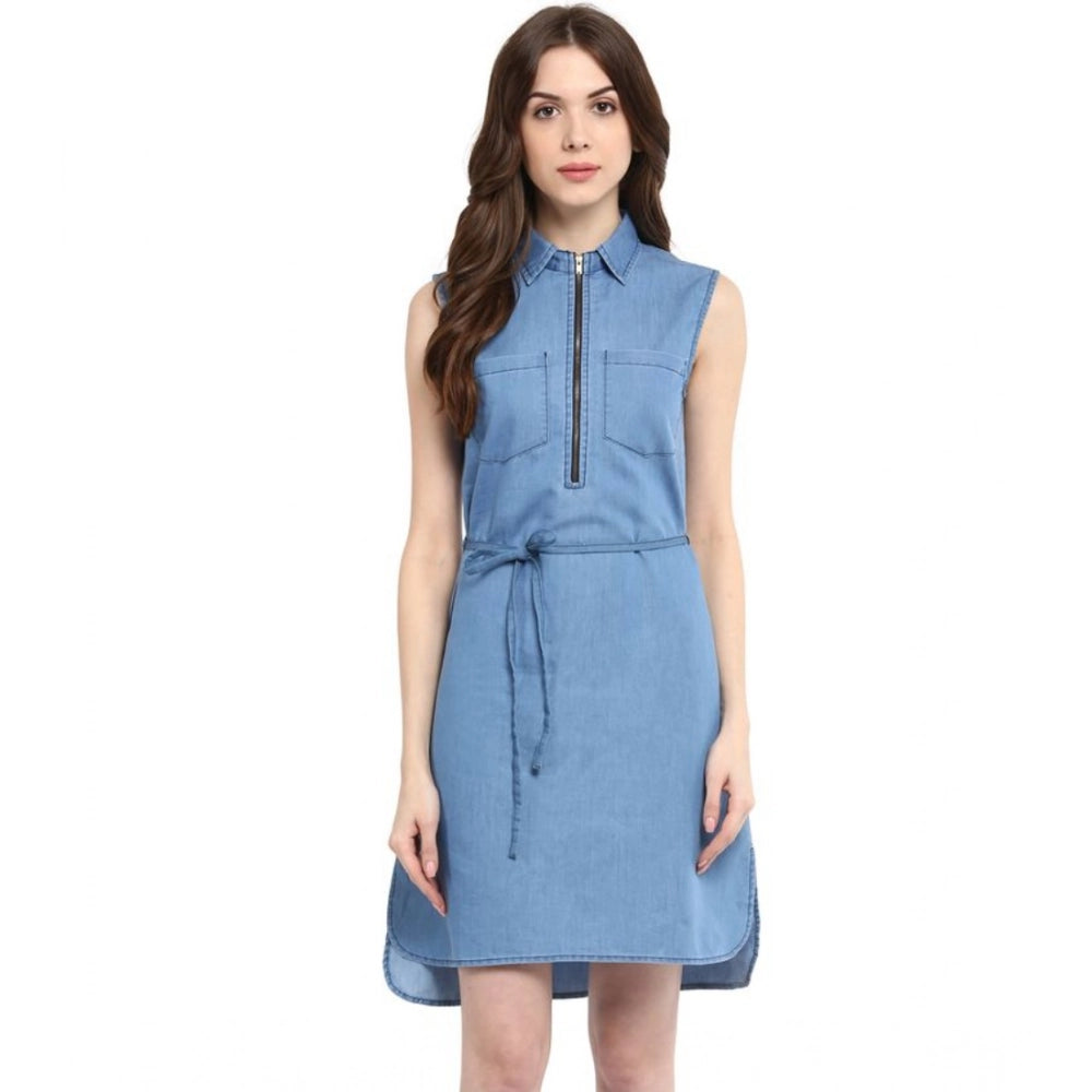 Amfyn Women's Denim Solid Sleeveless Dress (Blue)