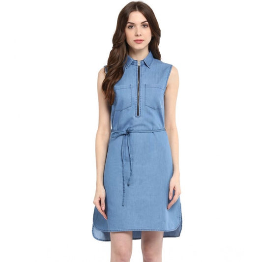 Amfyn Women's Denim Solid Sleeveless Dress (Blue)
