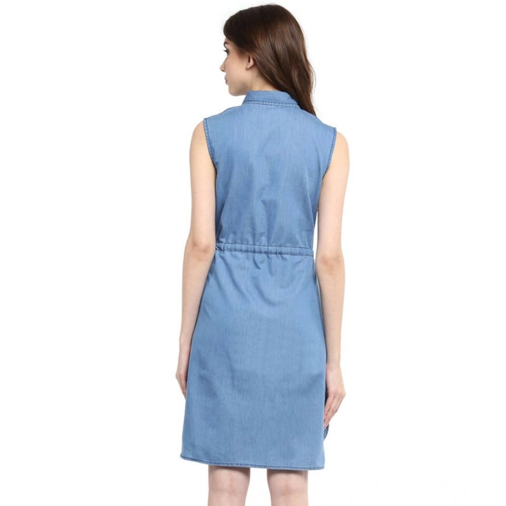 Amfyn Women's Denim Solid Sleeveless Dress (Blue)