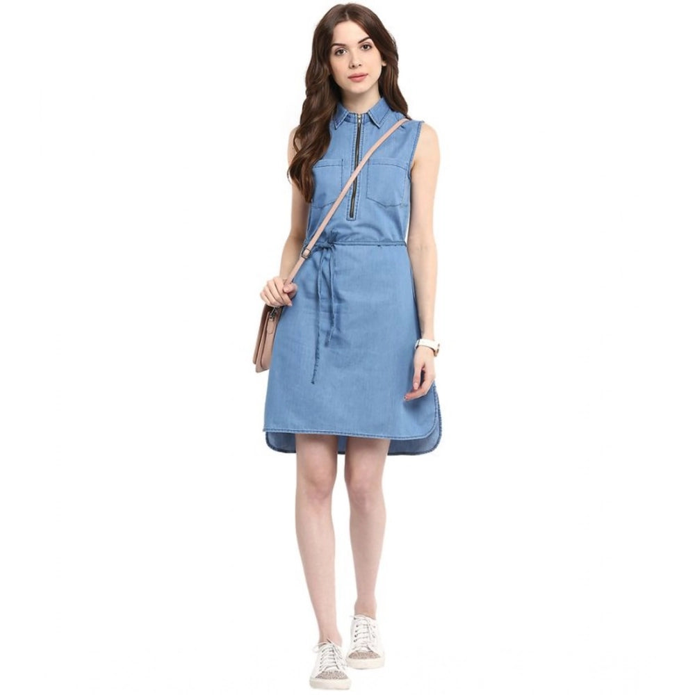 Amfyn Women's Denim Solid Sleeveless Dress (Blue)