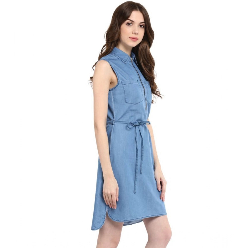 Amfyn Women's Denim Solid Sleeveless Dress (Blue)