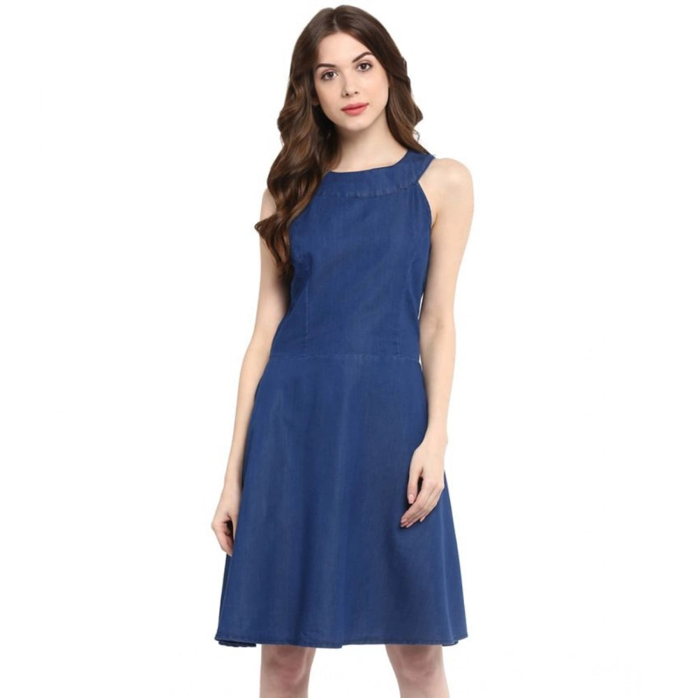 Amfyn Women's Denim Solid Sleeveless Dress (Blue)