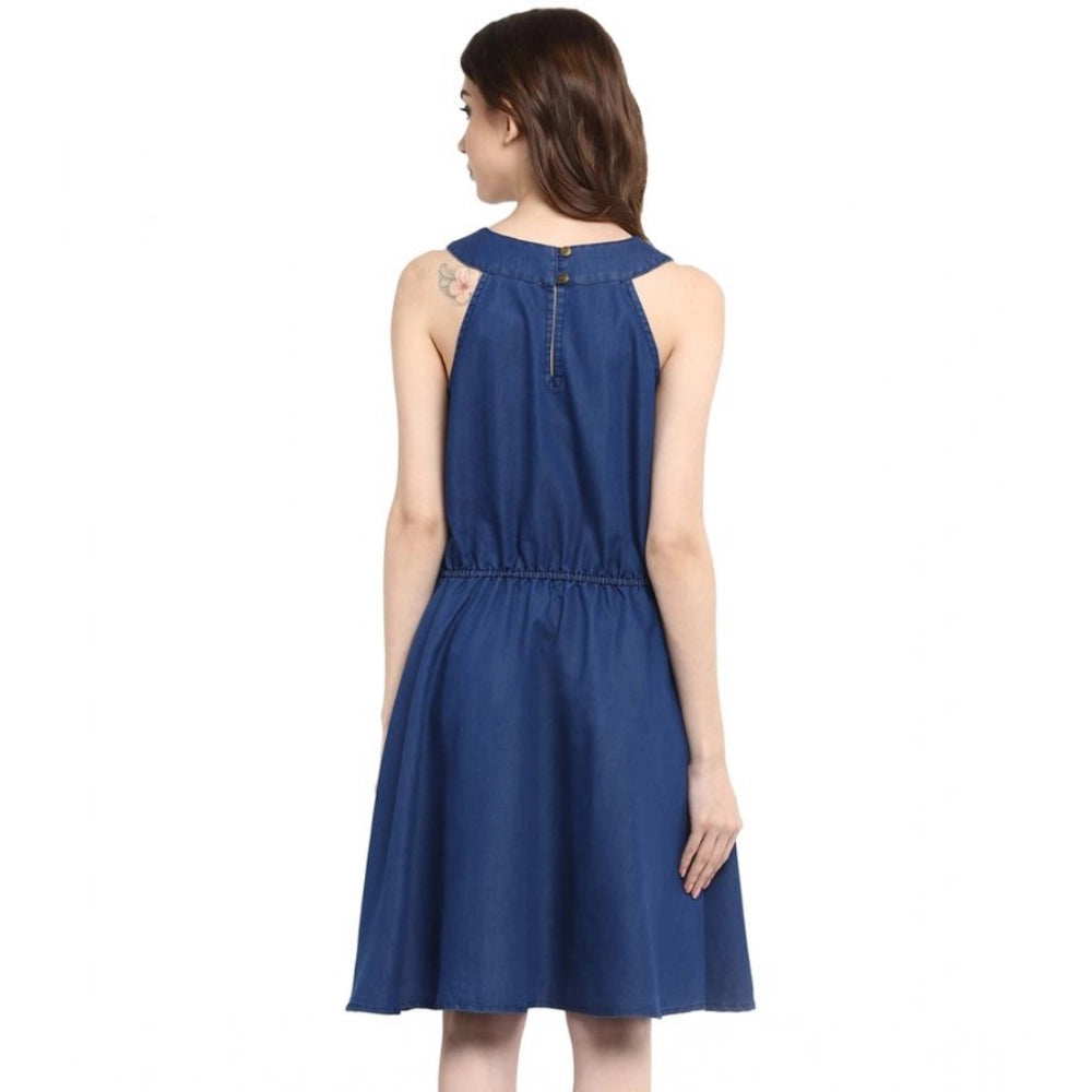 Amfyn Women's Denim Solid Sleeveless Dress (Blue)