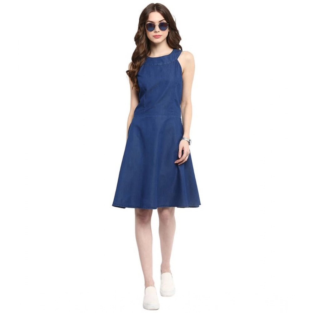 Amfyn Women's Denim Solid Sleeveless Dress (Blue)