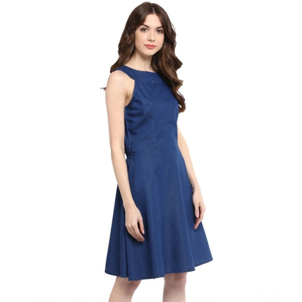 Amfyn Women's Denim Solid Sleeveless Dress (Blue)