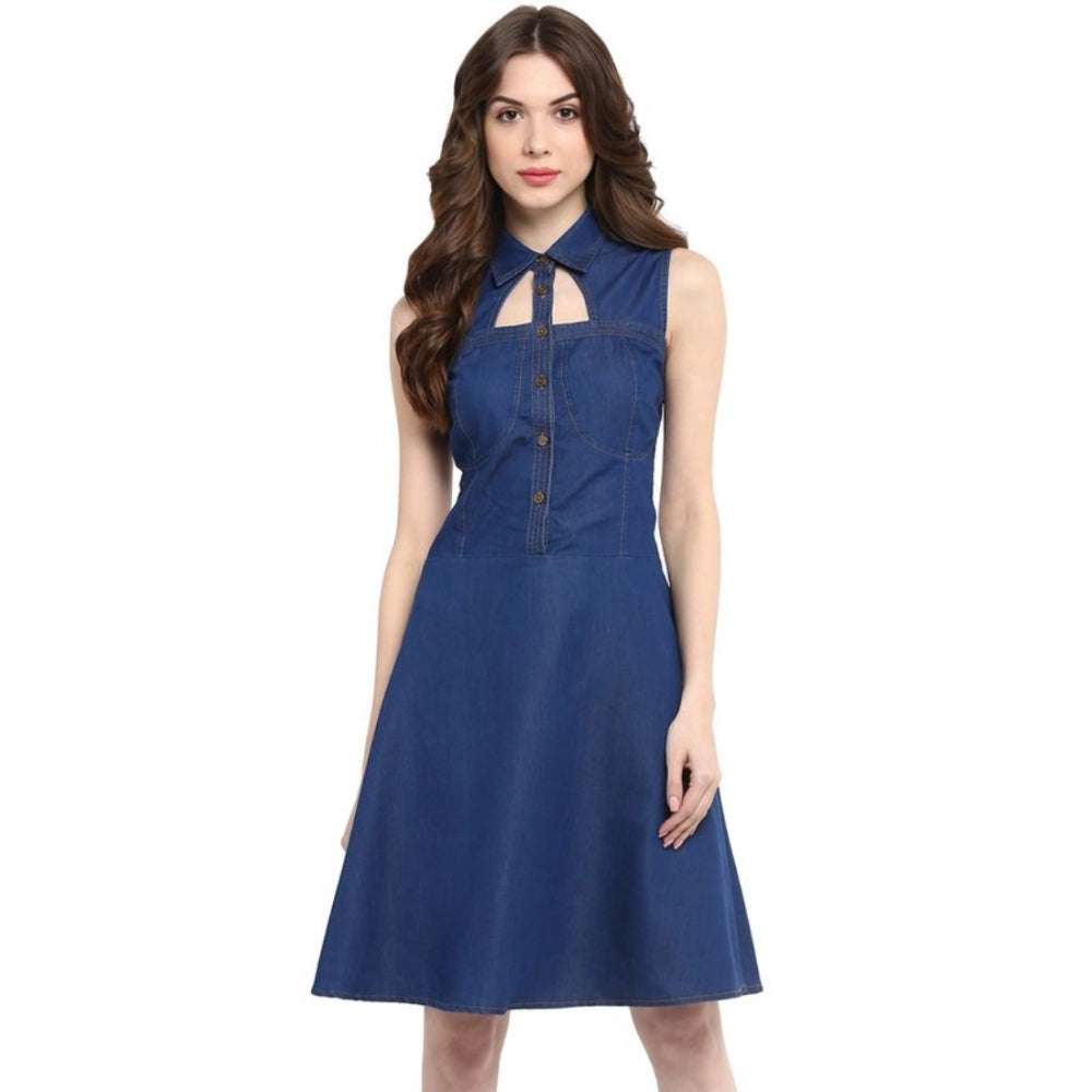 Amfyn Women's Denim Solid Sleeveless Dress (Navy Blue)