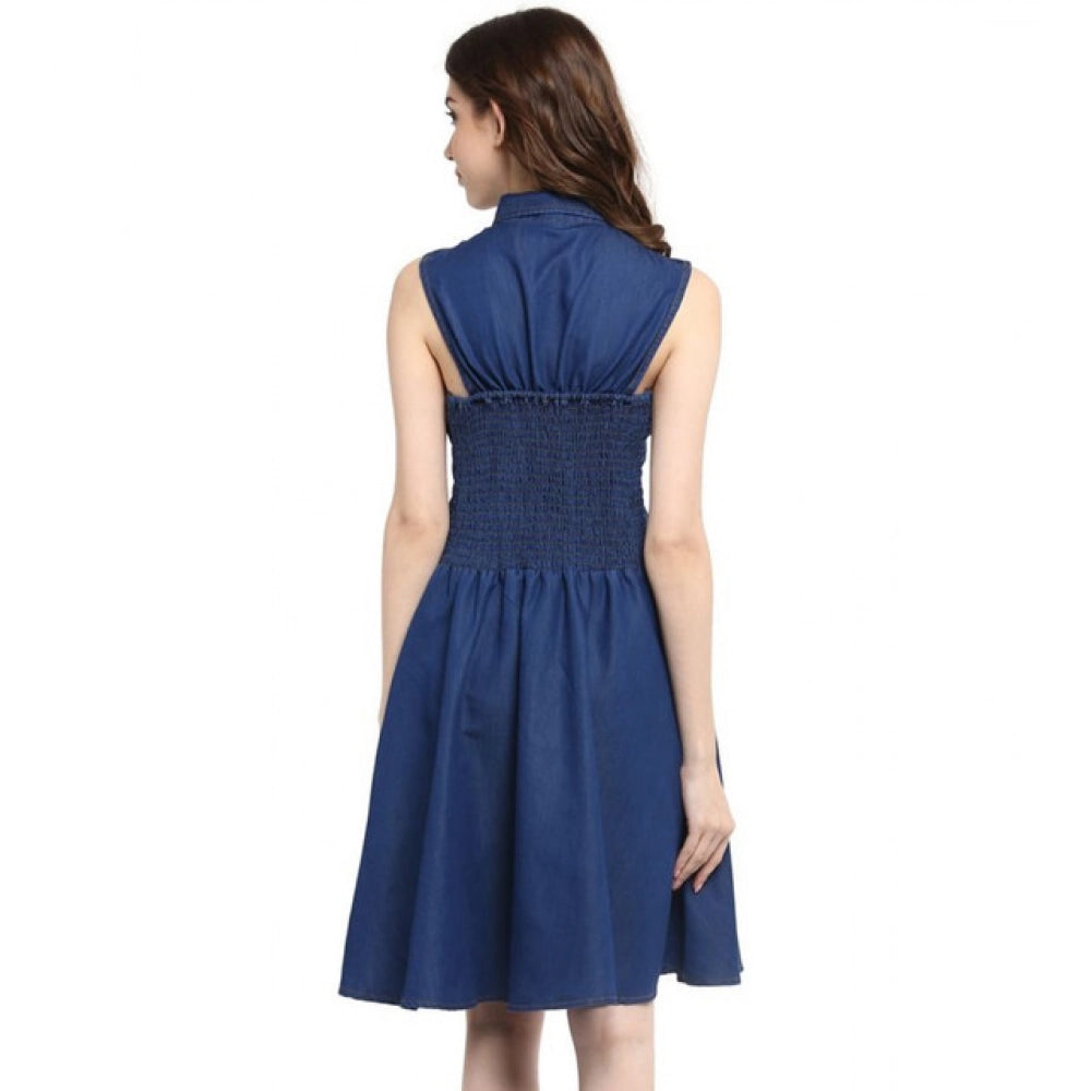 Amfyn Women's Denim Solid Sleeveless Dress (Navy Blue)