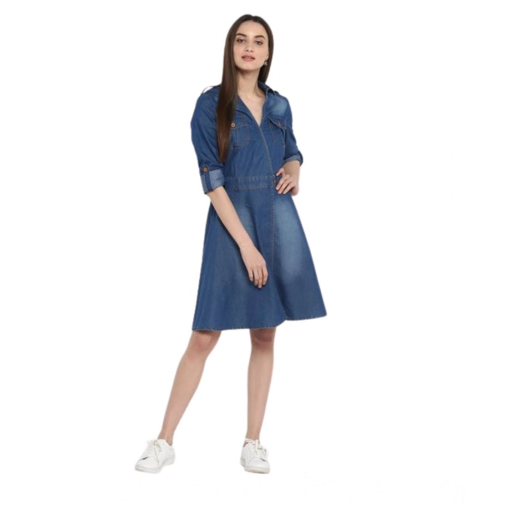 Amfyn Women's Denim Solid Roll Up Sleeve Dress (Blue)