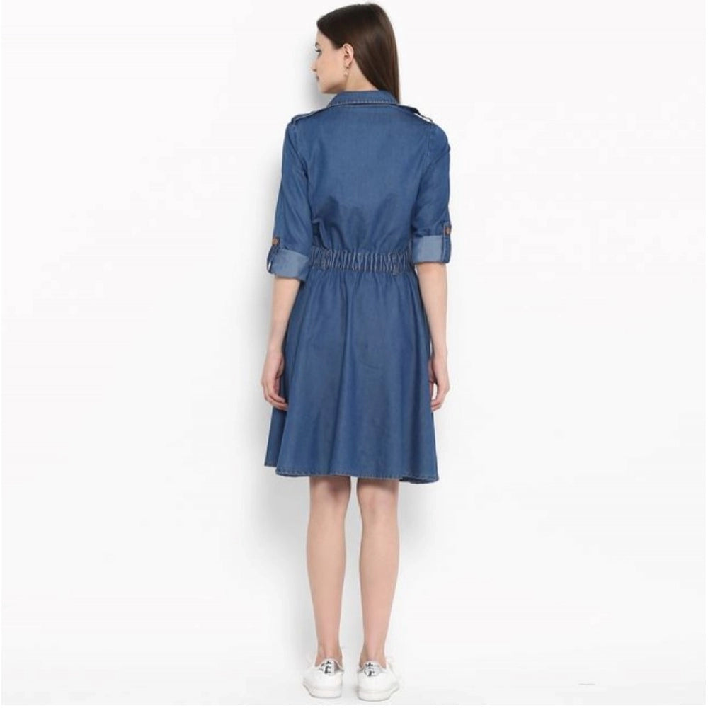 Amfyn Women's Denim Solid Roll Up Sleeve Dress (Blue)
