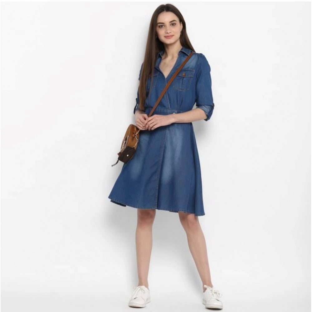 Amfyn Women's Denim Solid Roll Up Sleeve Dress (Blue)