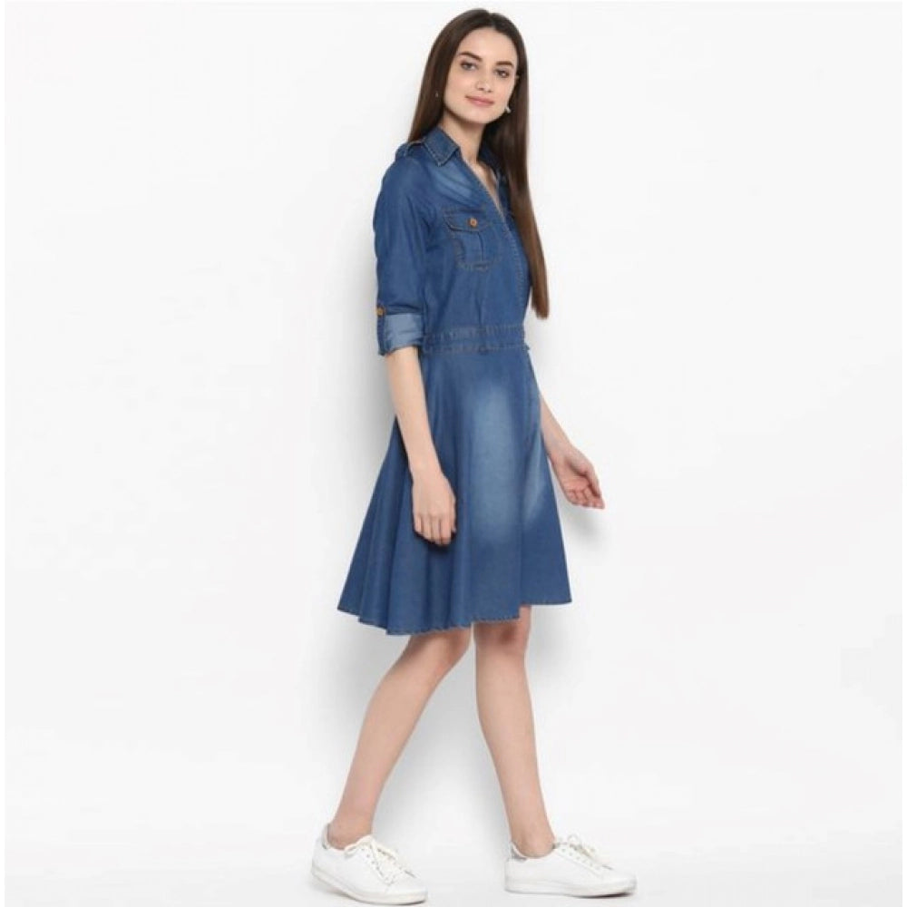 Amfyn Women's Denim Solid Roll Up Sleeve Dress (Blue)
