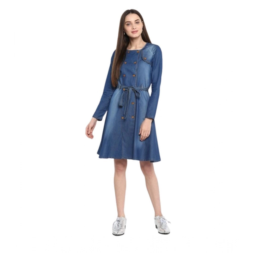Amfyn Women's Denim Washed Regular Sleeves Dress (Blue)