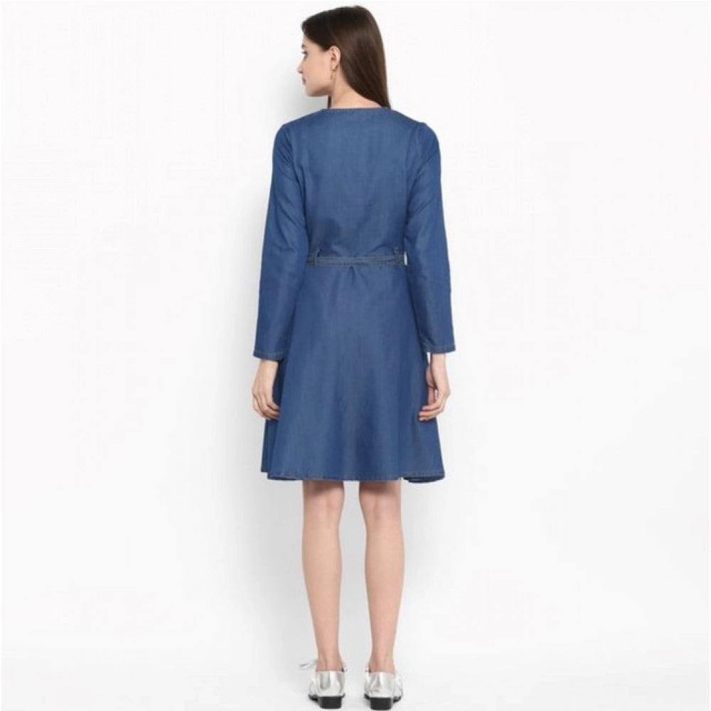 Amfyn Women's Denim Washed Regular Sleeves Dress (Blue)