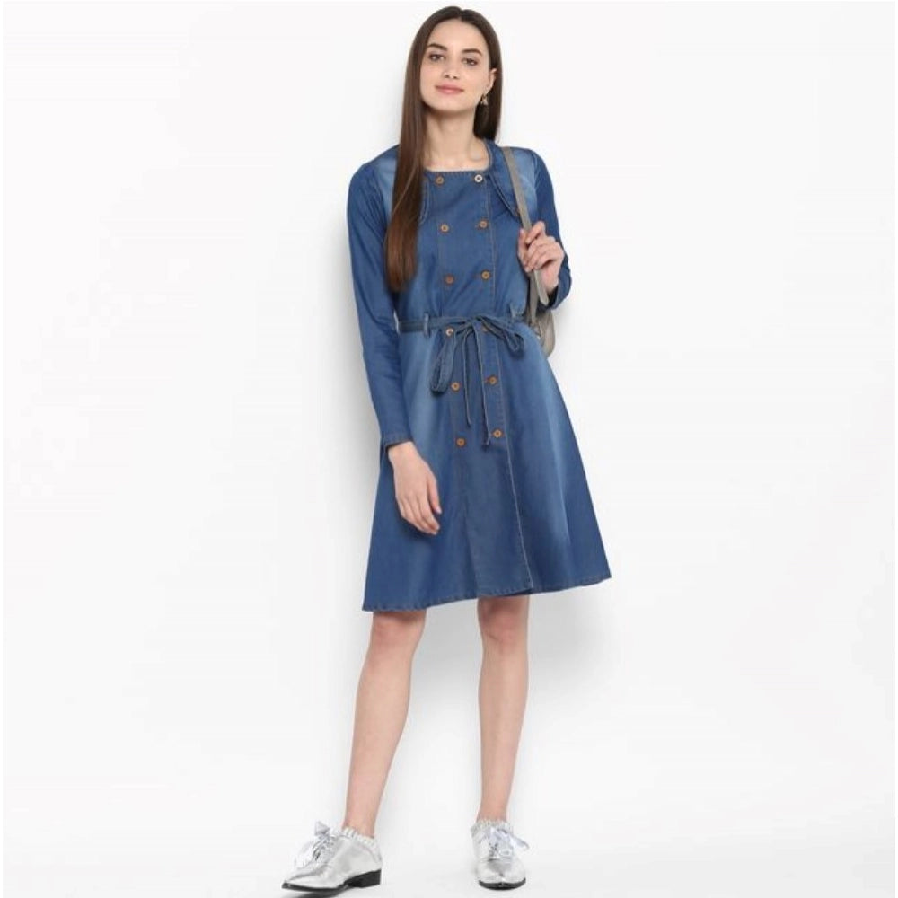 Amfyn Women's Denim Washed Regular Sleeves Dress (Blue)