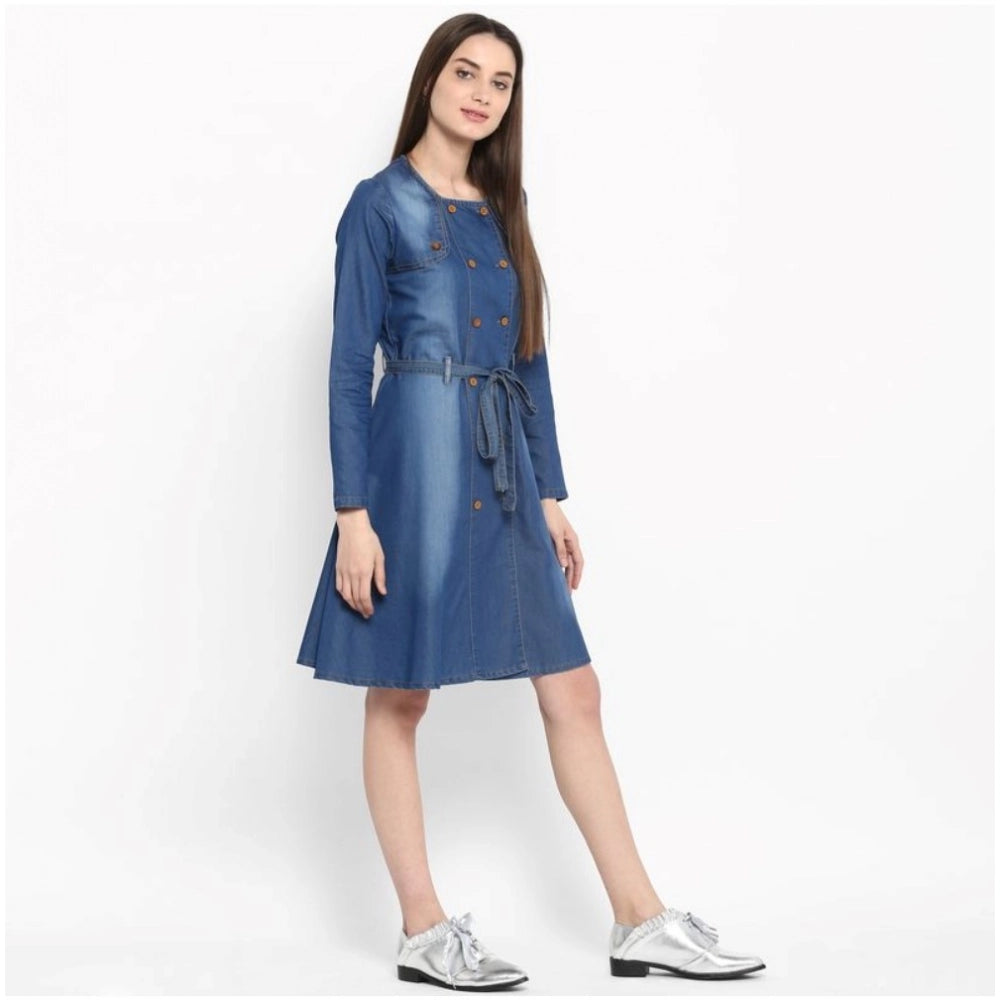 Amfyn Women's Denim Washed Regular Sleeves Dress (Blue)