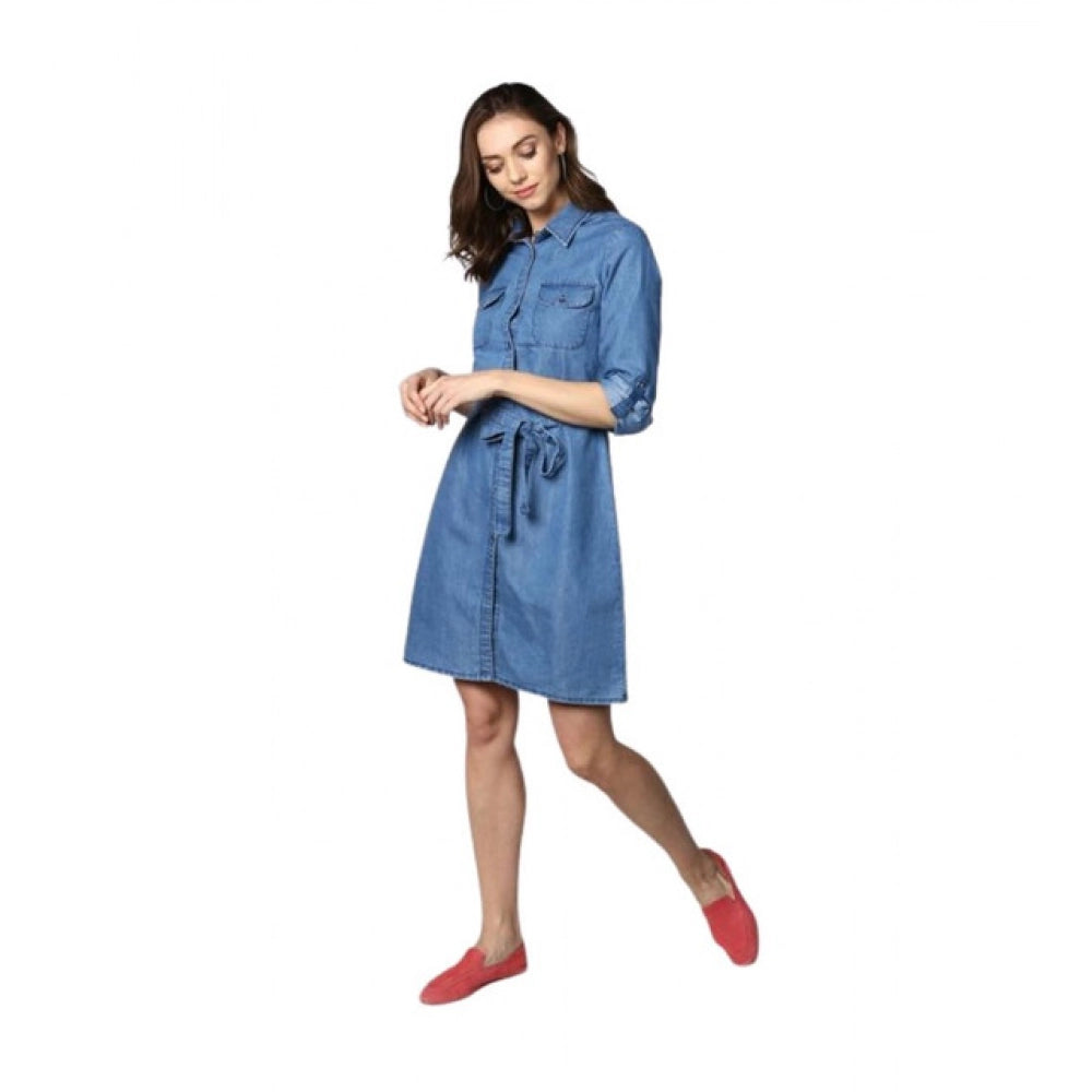 Amfyn Women's Denim Solid Roll Up Sleeve Dress (Blue)