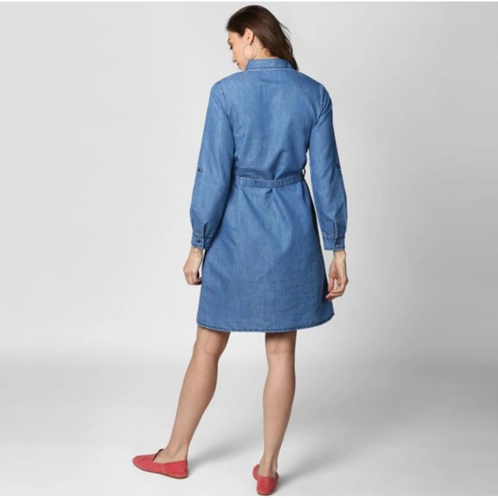 Amfyn Women's Denim Solid Roll Up Sleeve Dress (Blue)