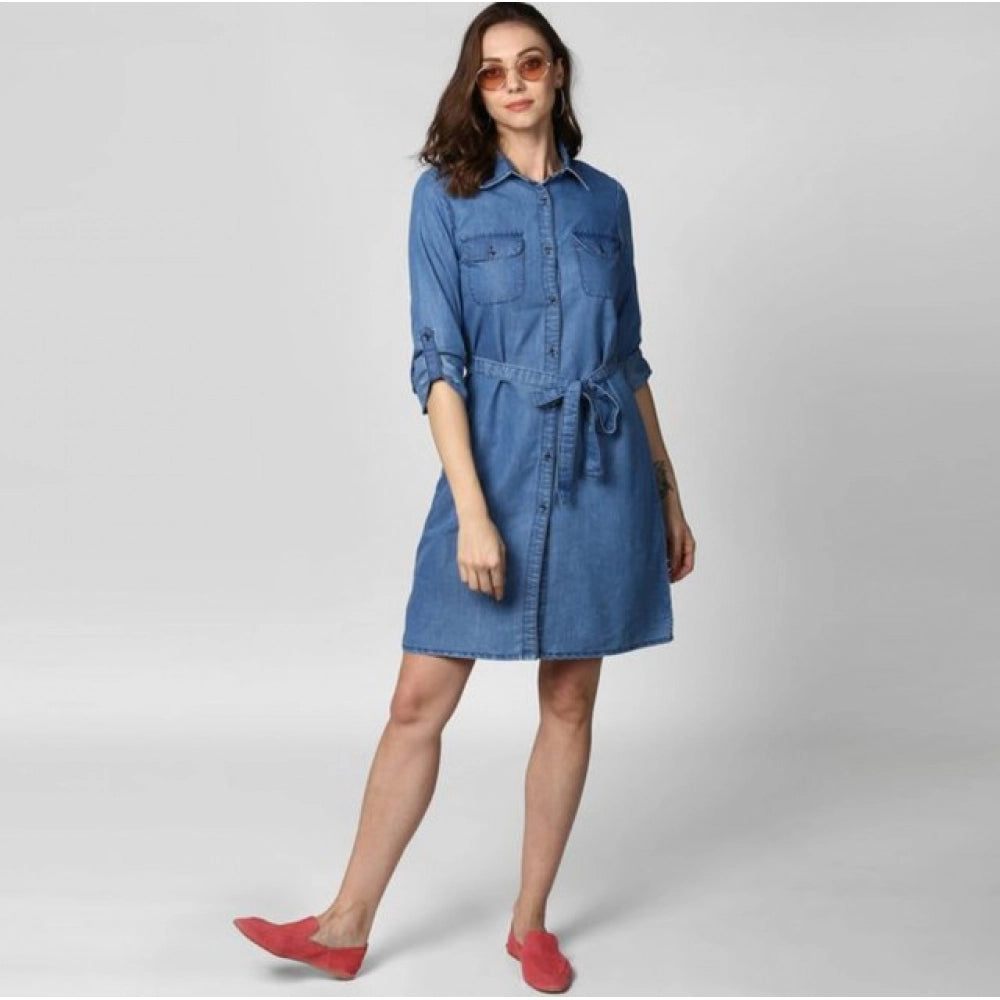 Amfyn Women's Denim Solid Roll Up Sleeve Dress (Blue)