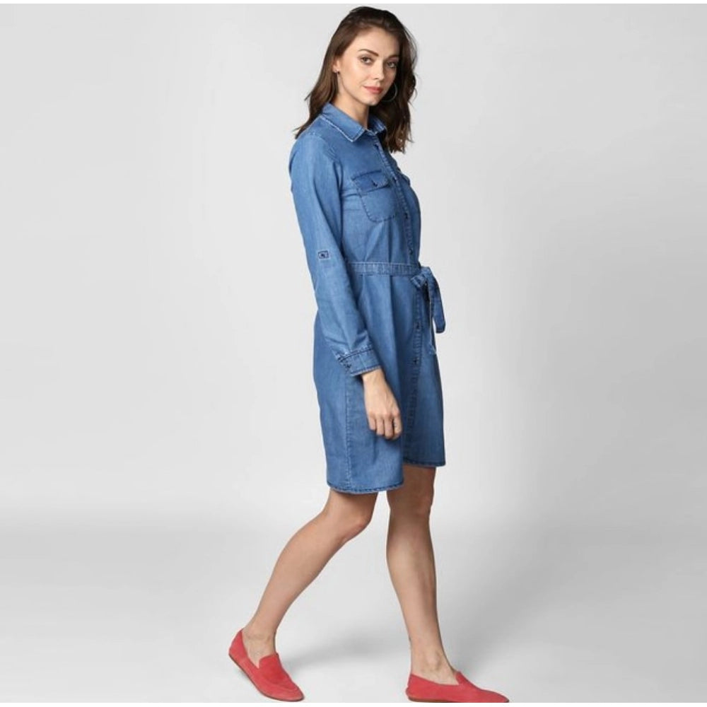 Amfyn Women's Denim Solid Roll Up Sleeve Dress (Blue)