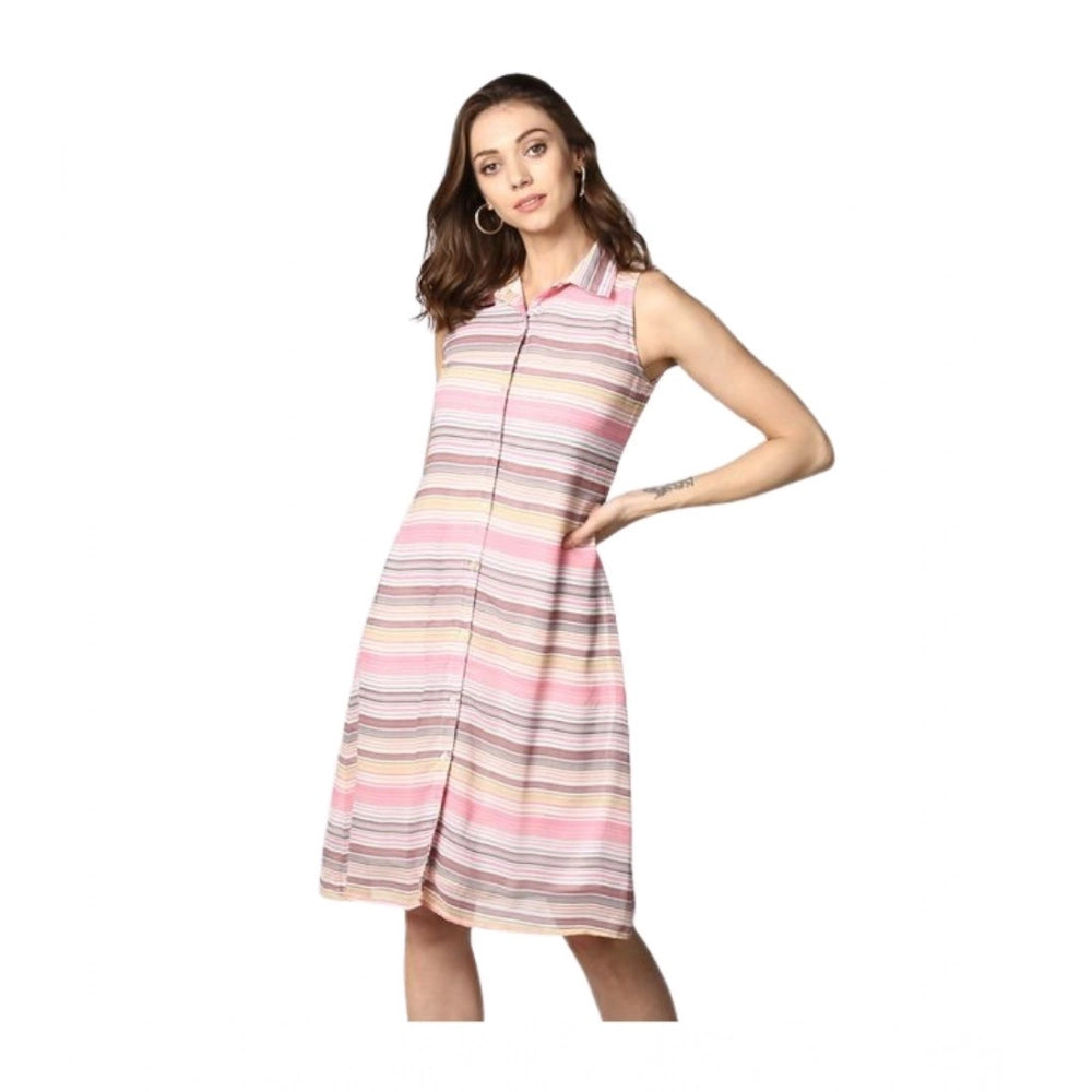 Amfyn Women's Polyester Striped Sleeveless Dress (Pink)